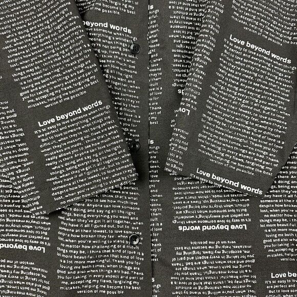 Spoon Jeans Tunic Top Women L Black Allover Script Empowerment Button Up Shirt* - Picture 3 of 12